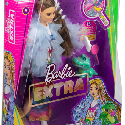 Barbie Extra Doll & Accessories with Long Brunette Hair and Bling Clips in Multi-Colored Dress with Pet Crocodile