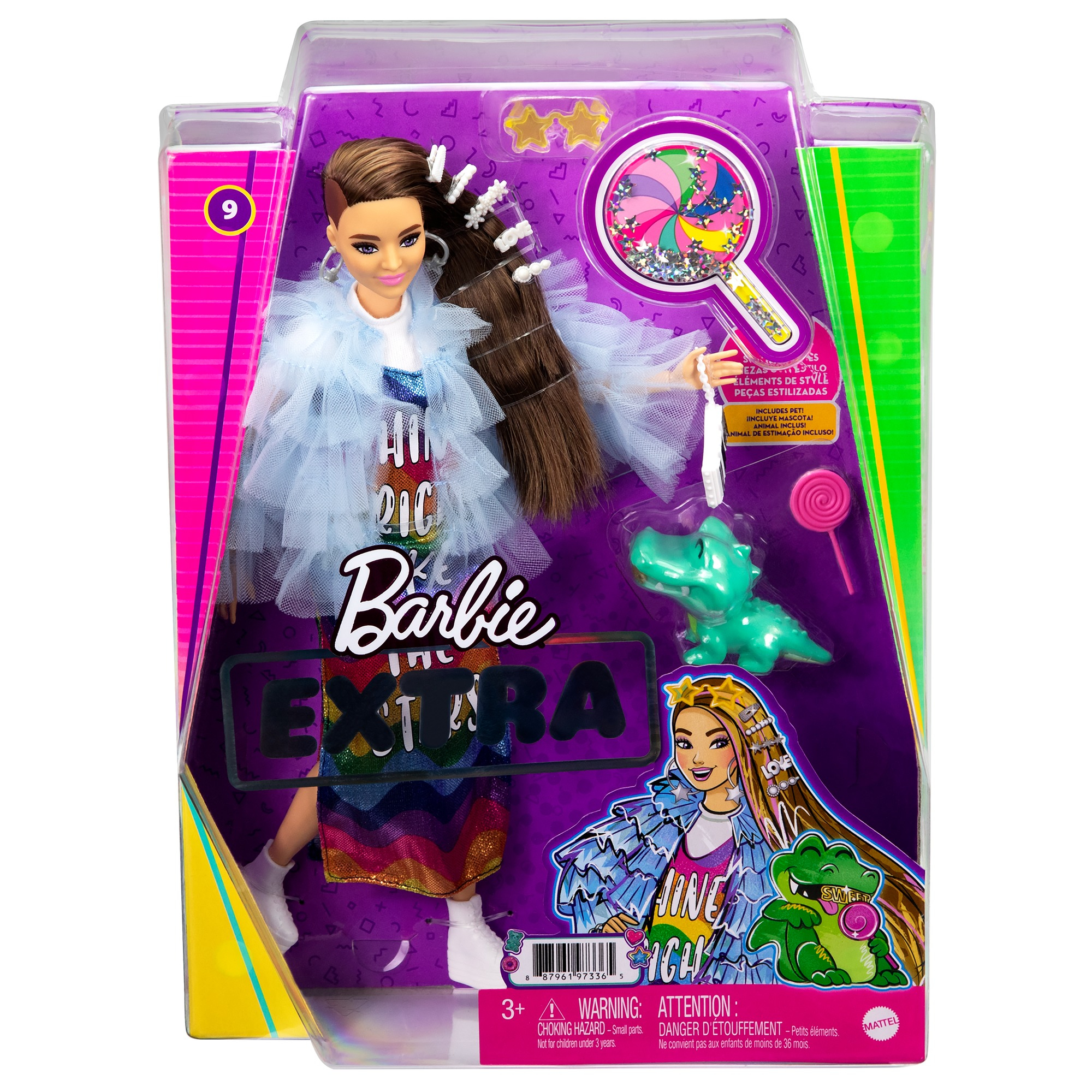 Barbie Extra Doll & Accessories with Long Brunette Hair and Bling Clips in Multi-Colored Dress with Pet Crocodile - Image 4