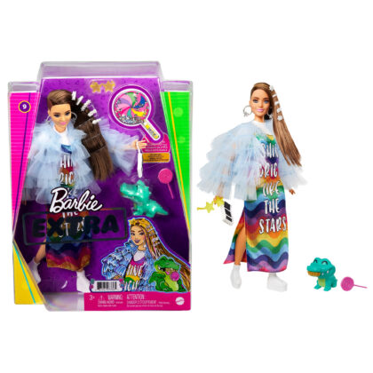 Barbie Extra Doll and Accessories with Pink-Streaked Crimped Hair in Jersey Dress with Pet Corgi