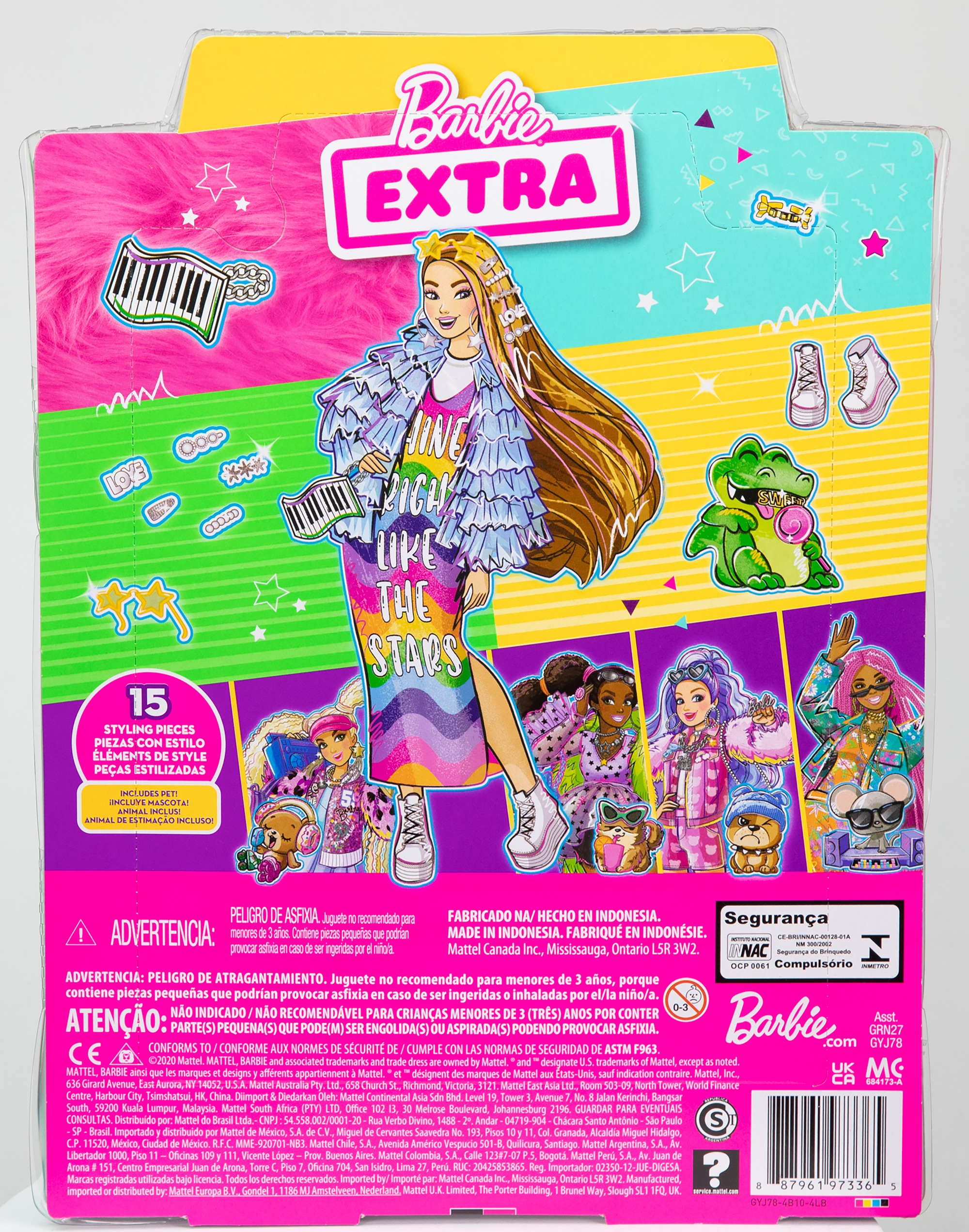 Barbie Extra Doll & Accessories with Long Brunette Hair and Bling Clips in Multi-Colored Dress with Pet Crocodile - Image 8