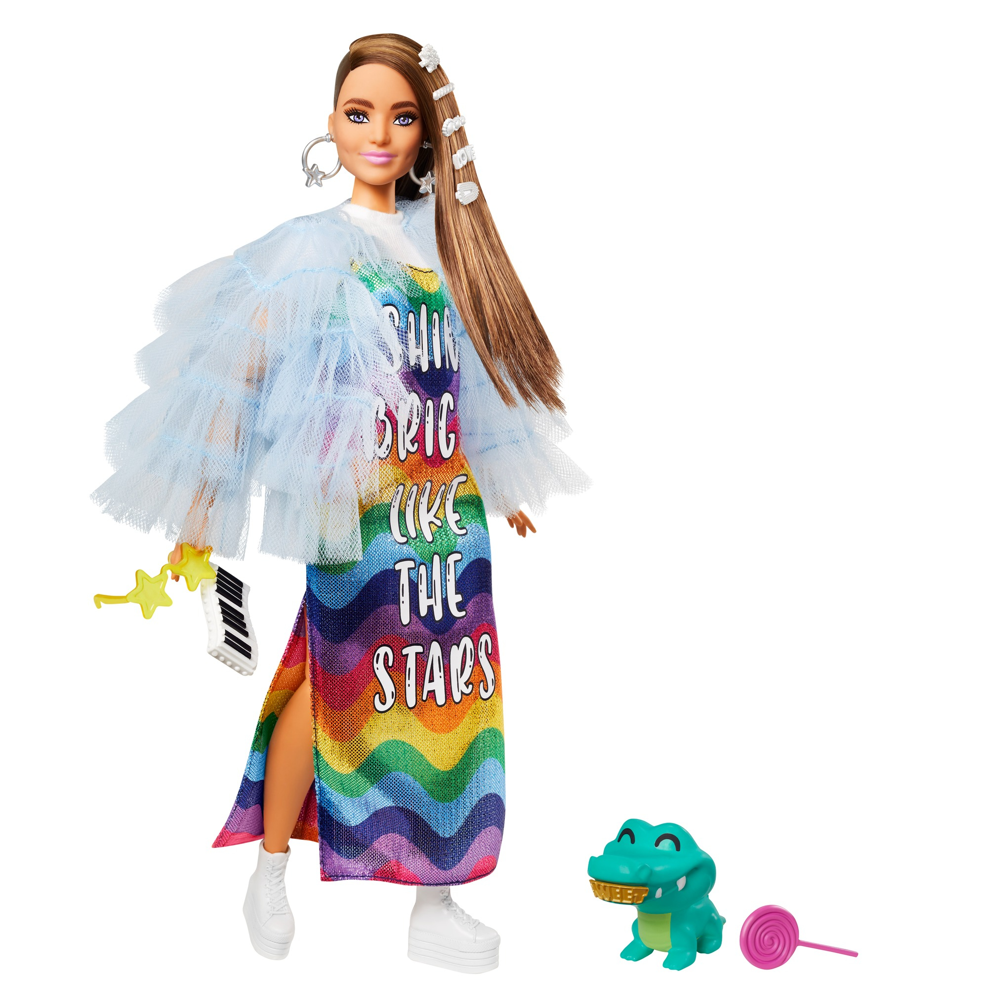 Barbie Extra Doll & Accessories with Long Brunette Hair and Bling Clips in Multi-Colored Dress with Pet Crocodile - Image 7